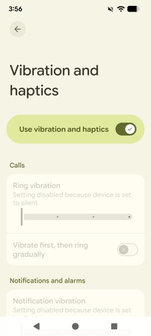 The Vibration and haptics submenu of the Accessibility settings on an Android device. There is a toggle labelled "Use vibration and haptics", followed by a section for calls where "Ring vibration" is set to the minimum value and the "Vibrate first, then ring gradually" setting is toggled off.