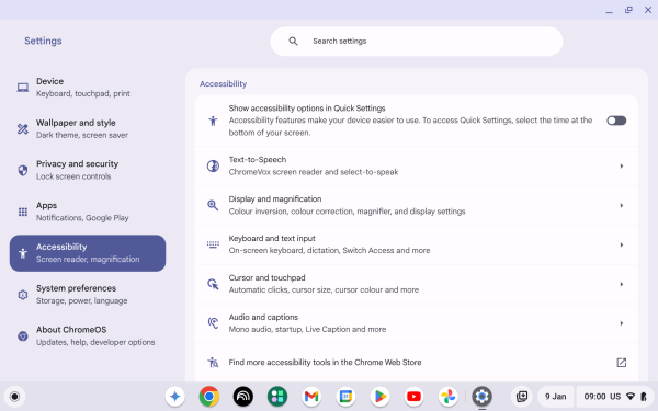 Screenshot of Chromebook setting page with Accessibility selected.