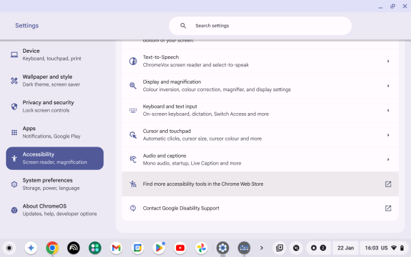 Screenshot of Accessibility settings with “Find more accessibility tools in the Chrome Web Store” highlighted.