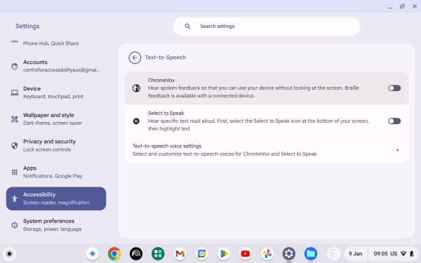Screenshot of Text-to-Speech with “ChromeVox” highlighted.