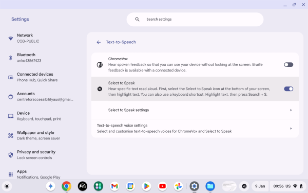 Screenshot of Text-to-Speech with “Select to Speak” highlighted.