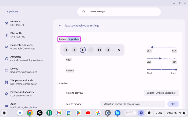 Screenshot of Text-to-Speech with “Speech properties” highlighted.