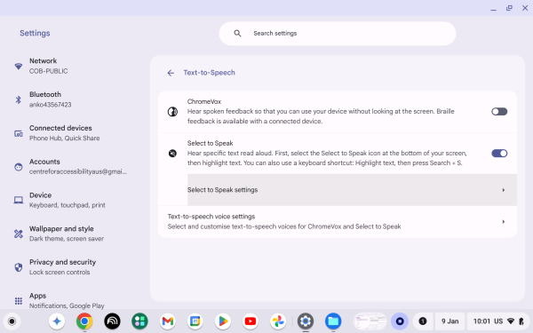 Screenshot of Text-to-Speech with “Select to Speak settings” highlighted.