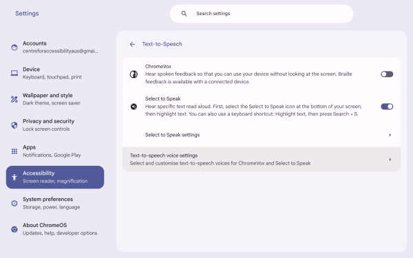 Screenshot of Text-to-Speech menu with “Text-to-Speech voice settings” highlighted.