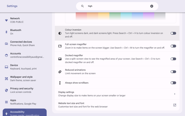 Screenshot of Display and magnification menu with “Colour inversion” highlighted.