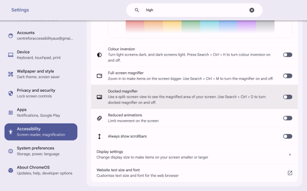 Screenshot of Display and magnification menu with “Docked magnifier” highlighted.