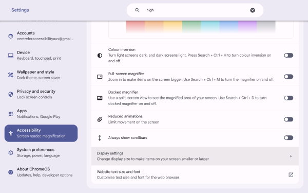 Screenshot of Display and magnification menu with “Display settings” highlighted.