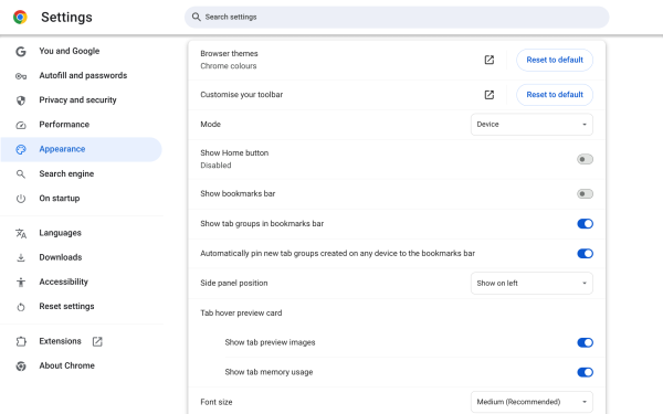 Screenshot of Website text size and font menu