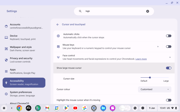 Screenshot of Cursor and touchpad with “Show large mouse cursor” highlighted.