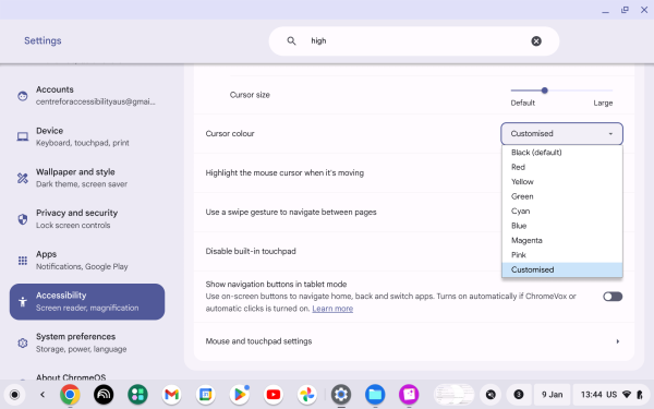 Screenshot of Cursor and touchpad with “Cursor colour” selected.