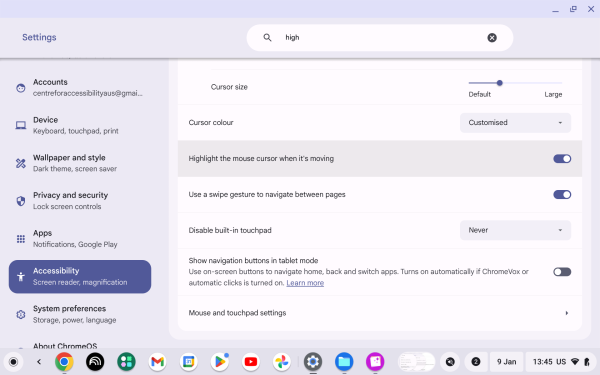 Screenshot of Cursor and touchpad with “Highlight the mouse when it's moving” highlighted.