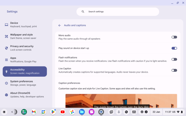 Screenshot of Audio and captions with “Play sound on device start-up” highlighted.