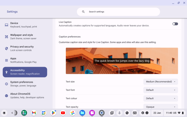 Screenshot of Audio and captions menu with “Live Caption” highlighted.