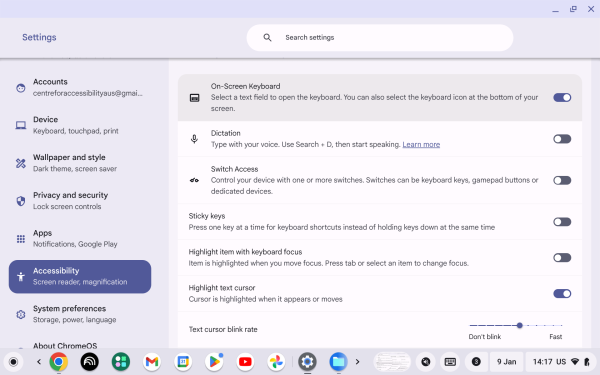 Screenshot of Keyboard and text input with “On-screen keyboard” highlighted.