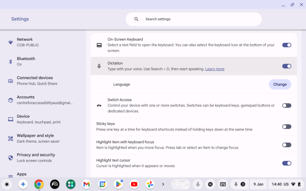 Screenshot of Keyboard and text input with “Dictation” highlighted.