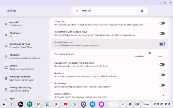 Screenshot of Keyboard and text input with “Highlight text cursor” highlighted.