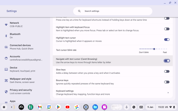 Screenshot of Keyboard and text input with “Navigate with text cursor” highlighted.