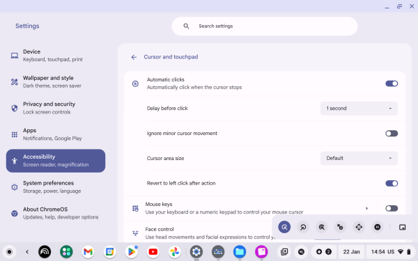 Screenshot of Cursor and touchpad with “Automatic clicks” enabled.