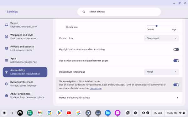 Screenshot of Cursor and touchpad with “Show navigation buttons in tablet mode” highlighted.