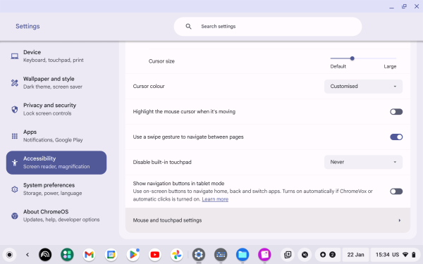 Screenshot of Cursor and touchpad with “Mouse and touchpad settings” highlighted.