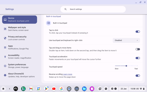 Screenshot of Touchpad setting menu