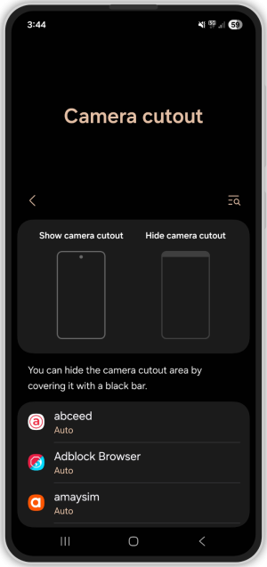 Choose which apps to enable camera cutout for.