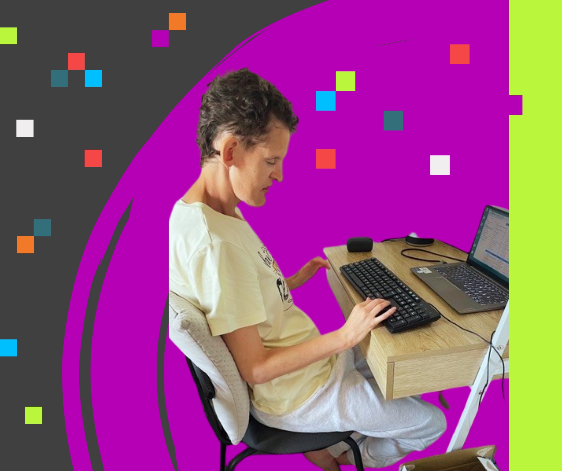 graphic image of Tamara using a laptop at a purple and black background, with a green line graphic on the right.