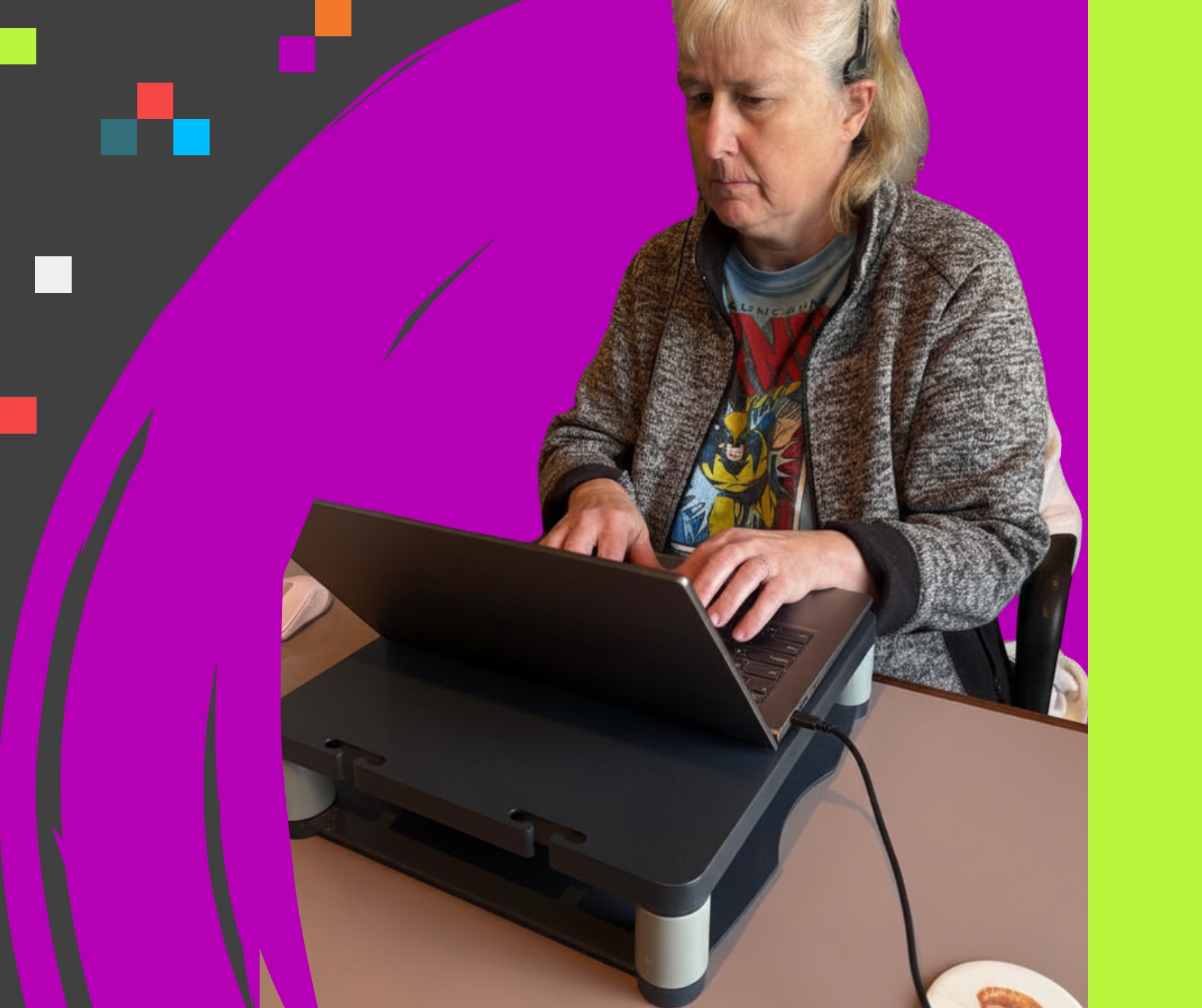 graphic image of Lynn using a laptop at a purple and black background, with a green line graphic on the right.