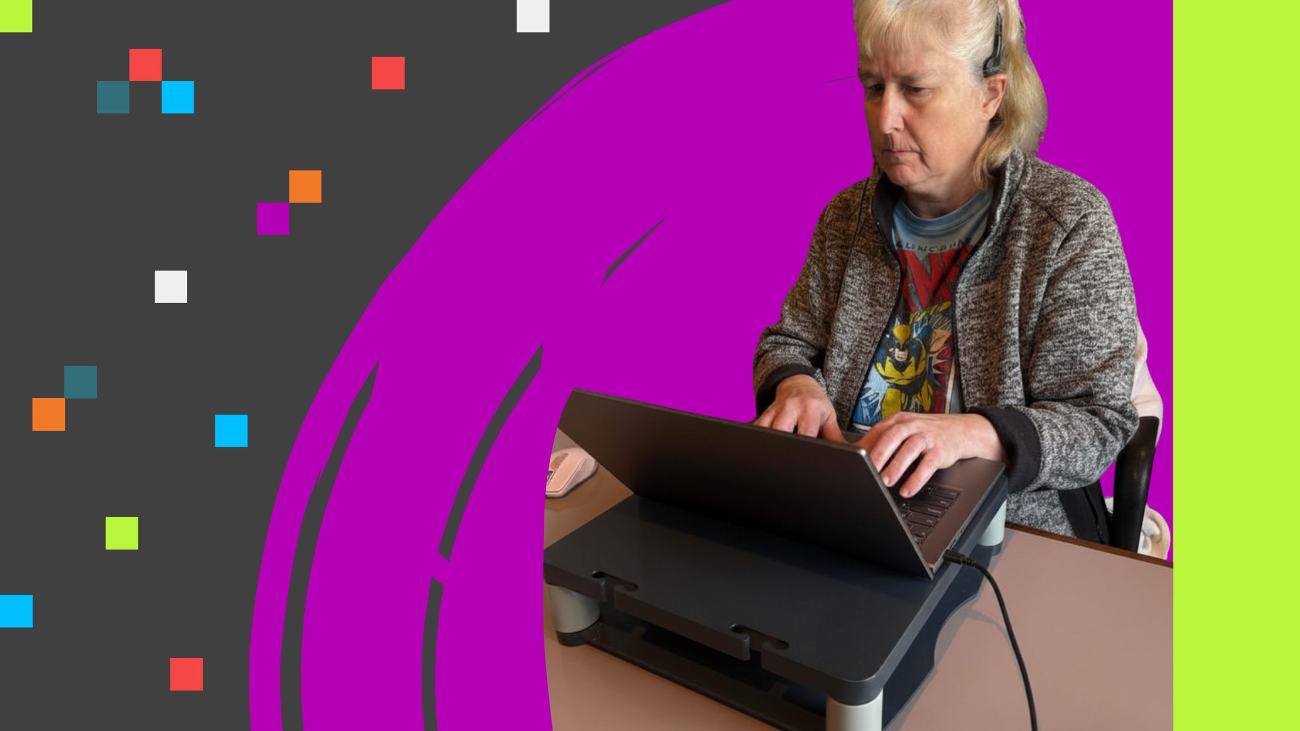 graphic image of Lynn using a laptop on a stand with earphones, in a purple and black background with a lime green line graphic on the right. 