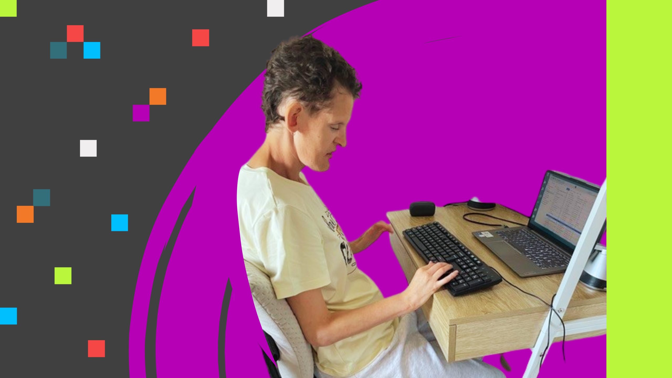 graphic image of Tamara using a laptop and keyboard at a desk, in a purple and black background, with a lime green line design at the right.