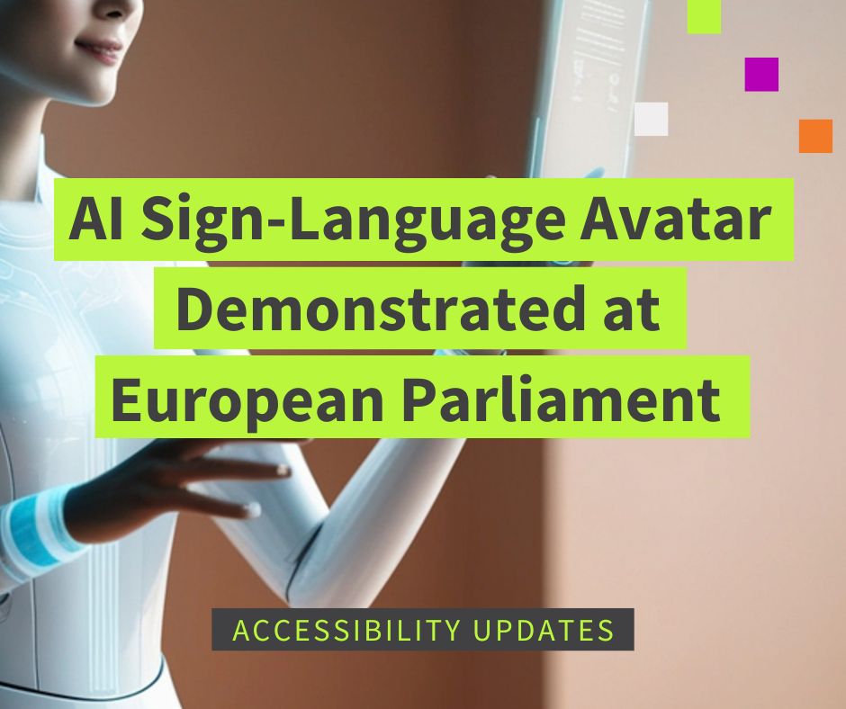 image of an AI model with her hands outstretched, with text reading "AI sign-language avatar demonstrated at European Parliament".