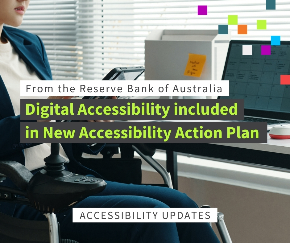 image of a person sitting in a wheelchair while using an iPad. Next to her is a laptop on a desk. The text reads "digital accessibility included in new accessibility action plan". Below reads "accessibility updates".